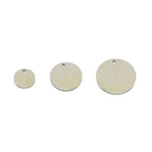 Detailed view of three circular silver stainless steel pendant blanks in various sizes