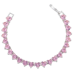 Detail of pink heart-shaped crystal bracelet with silver metal fold-over clasp