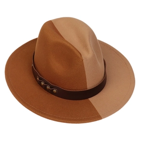 Detailed shot of two-tone wool fedora hat with brown leather band and golden metal studs