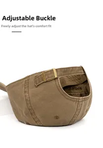 Detail of adjustable metal buckle on cotton baseball cap back for custom fit