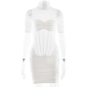 Elegant white bodycon mini dress featuring mesh patchwork and high neck long sleeves