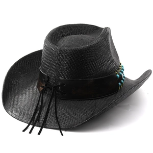 Detail of black straw cowboy hat featuring blue beaded trim and leather band detail