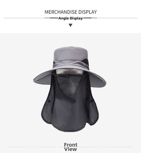 Vorderansicht grauer Outdoor-Sonnenhut mit breiter Krempe, Gesichtsmaske und Nackenschutz