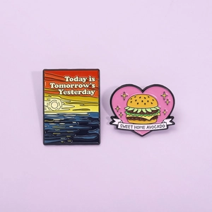 Cartoon Enamel Brooch Pin Alloy Painted Heart Burger Sunset Scenery Quote Lapel Badge Funny Jewelry For Backpack Hat Unisex Gift
