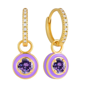 Macro detail of gold earrings with purple enamel, round zircon stones, and micro-inlays