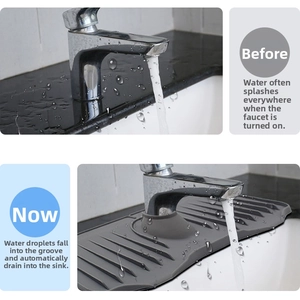 Comparison showing how the silicone faucet mat drains water directly into the kitchen sink