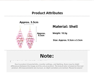 Detailed view of pink shell petal drop earrings showing weight 10.5g and size 9.5x3.5cm