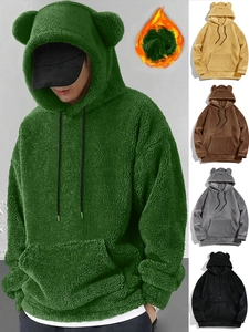 Detail of warm sherpa hoodie for men featuring cute bear ears on the hood and multi-color options