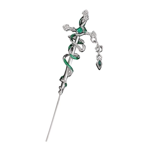 Gothic silver serpent sword hair pin with green enamel and emerald gemstone detail
