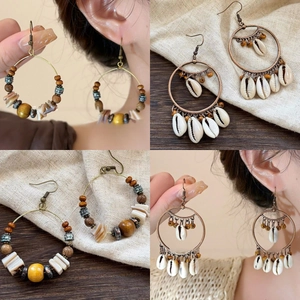 Bohemian Hoop Earrings With Natural Shell Wood Beads And Stainless Steel Earring Post Retro Ethnic Style For Women