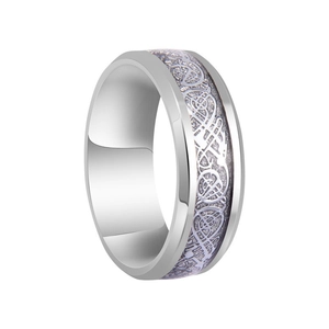 Polished titanium steel dragon inlay ring with purple celtic pattern and beveled edges