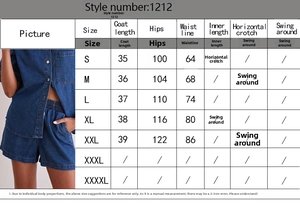 Detailed size chart for retro washed denim set showing measurements from S to XXL