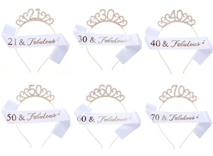 Set of crystal birthday tiaras and satin sashes for ages 21 to 70 party decorations