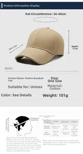 Size guide for cotton baseball cap showing brim width, crown depth and head circumference