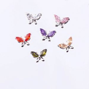 Set of 6 colorful zircon butterfly nail art charms with marquise cut stones and alloy base