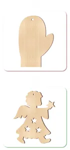 Detail of laser-cut wooden mitten and angel DIY Christmas ornaments with star cutouts