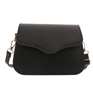 Minimalist black flap crossbody bag with wave design and golden metal buckle for women