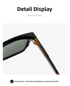 Close-up of the metal hinge and brown translucent temples on square black sunglasses