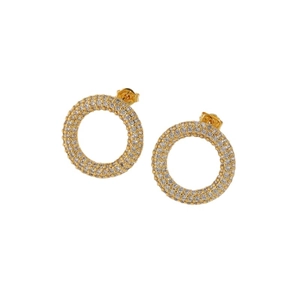 Minimalist gold circle earrings with micro-paved cubic zirconia stones in white background