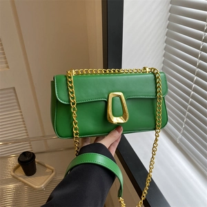 Women PU Leather Crossbody Bag Gold Chain Strap Square Metal Buckle French Vintage Shoulder Bag Simple Casual Fashion