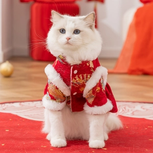Traditional Chinese New Year cat outfit in festive red with embroidery and plush trim