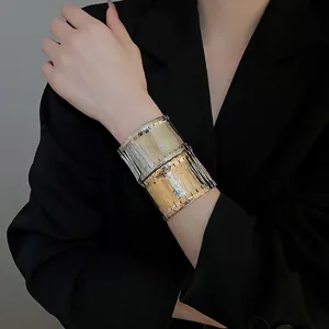 Glossy Metal Wide Cuff Bracelet Textured Ribbed Design Irregular Statement Open Bangle Minimalist Chic Jewelry