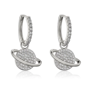 Silver creative planet airplane earrings with micro-paved zircons on white background