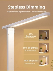 Adjustable LED desk lamp showing three brightness levels from 10 to 100 percent