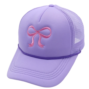 Women's purple trucker hat with pink bow embroidery and breathable mesh back