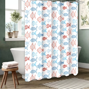 Waterproof Polyester Shower Curtain With Fish Starfish Pattern Metal Grommets Ocean Nautical Style For Bathroom Decor