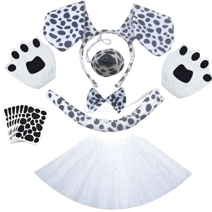 7-piece Dalmatian costume set with ears headband, tutu skirt, tail, and spotted gloves