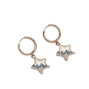 Rose gold star earrings set with white shell inlay and blue sparkling crystals