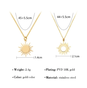 Detail of 18K gold plated stainless steel star and sun pendant necklaces with dimensions