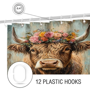 Detail of 0.4 inch metal grommets and 12 plastic hooks on Highland cow shower curtain