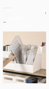 Macro view of white office desk organizer with slanting large opening for easy access