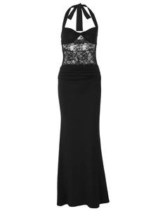 Elegantes schwarzes Neckholder-Abendkleid mit Spitzenpatchwork und schmaler Passform