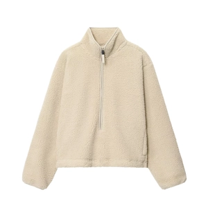 Women's cream white half-zip fleece sweatshirt with a stand collar and cozy texture