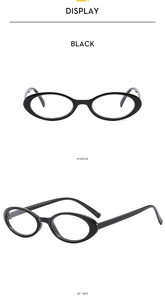 Detail view of vintage black oval frames showing front and 45-degree angle perspectives