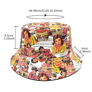 Retro comic print bucket hat with dimensions 56-58cm for outdoor sun protection