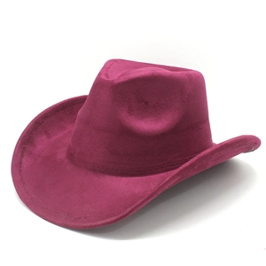 Detail of magenta faux suede cowboy hat with reinforced stitching and curved wide brim