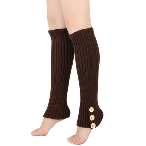 Detail of dark brown ribbed knit leg warmers featuring three vintage wooden buttons
