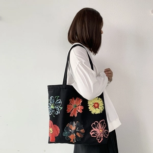 Detail shot of black cotton canvas tote bag featuring six colorful floral art prints