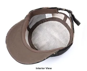 Inside view showing breathable mesh lining and adjustable strap of camo flat top army cap