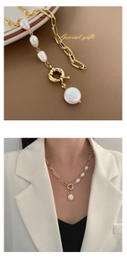 Macro detail of baroque pearl pendant on gold chain with model lifestyle styling