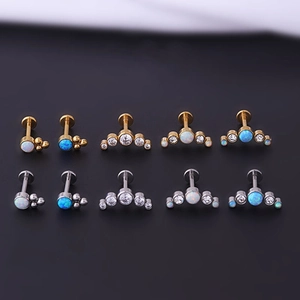 16G opal and zircon labret studs in gold and silver finish for cartilage piercing