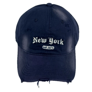 Vintage dunkelblaue Baseballkappe im Distressed-Look mit New York Stickerei und Fransen