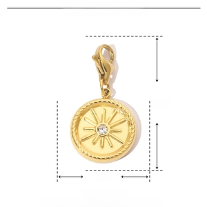 Detailed size chart showing 27mm height and 14mm width for the sun pendant