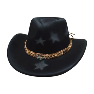 Black wool felt cowboy hat with pentagram patterns and gold chain stone decoration