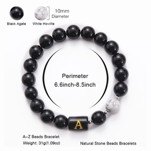 Handmade 10mm black agate and white howlite bead bracelet with custom A-Z alphabet letter