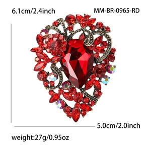 Vintage style alloy brooch with teardrop red crystal and rhinestones in antique gold finish